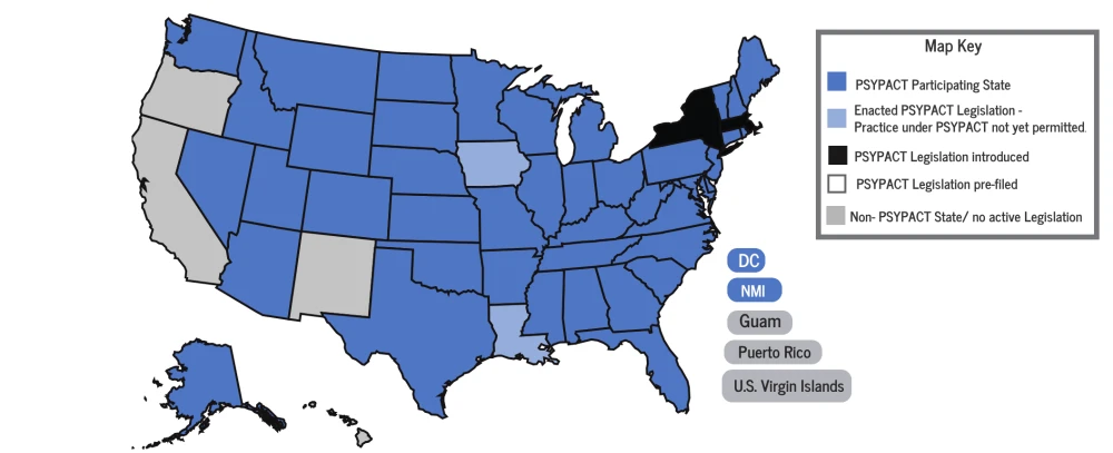 Map of the United States showing PSYPACT participating states in blue. Iowa and Louisiana have enacted PSYPACT but it is not yet in effect; legislation has been introduced in New York and Massachusetts; California, Oregon, New Mexico, Hawaii, Guam, Puerto Rico, and the U.S. Virgin Islands are not participating.